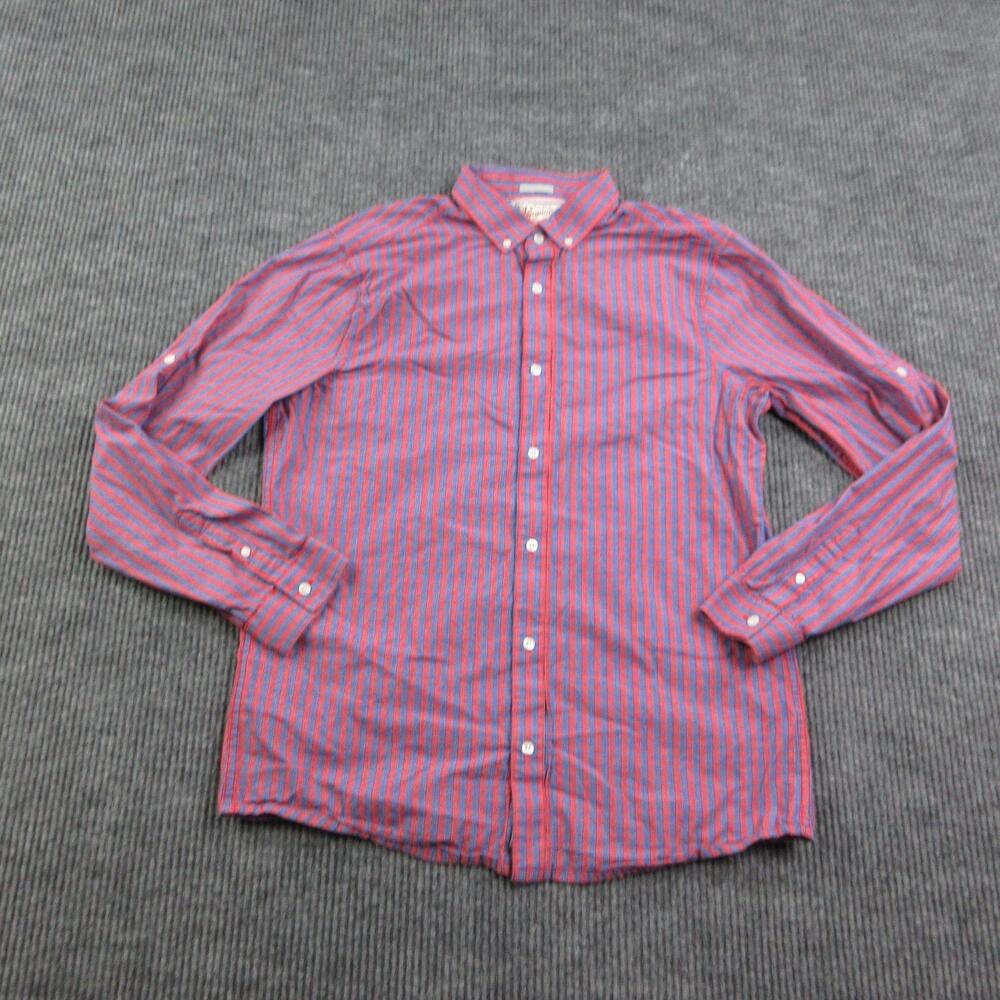 Penguin Shirt Mens Large Red Blue Striped Cotton Button Up Long Sleeve